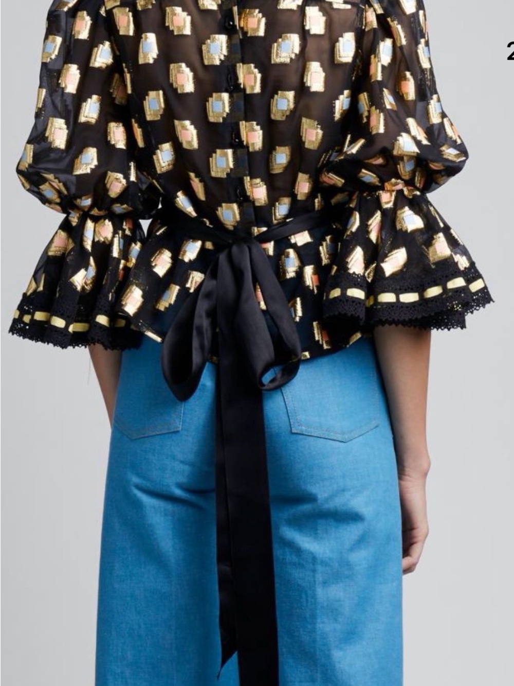 Marc Jacobs Black Sheer Peplum Blouse with Metallic Multi-Color Pattern Runway 4 - Picture 3 of 11